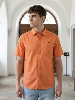 KUONS AVENUE - Men Light Orange Solid Linen Cotton Casual Shirt