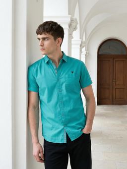 KUONS AVENUE - Men Turquoise Solid Linen Cotton Casual Shirt