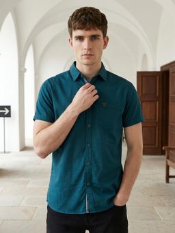 KUONS AVENUE - Men Teal Solid Linen Cotton Casual Shirt