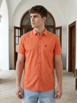 KUONS AVENUE - Men Orange Solid Linen Cotton Casual Shirt