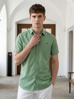 KUONS AVENUE - Men Solid Foliage Green Linen Cotton Casual Shirt