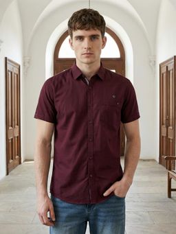 KUONS AVENUE - Men Wine Solid Linen Cotton Casual Shirt