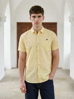 KUONS AVENUE - Men Yellow Solid Cream Yellow Linen Cotton Casual Shirt