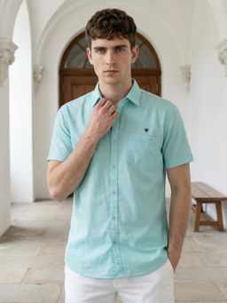KUONS AVENUE - Men Solid Celestial Blue Linen Cotton Casual Shirt