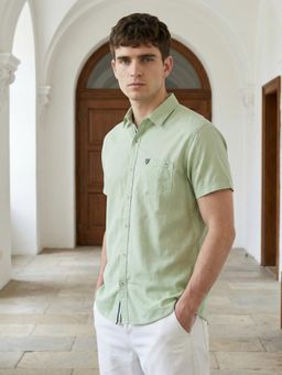 KUONS AVENUE - Men Apple Green Solid Linen Cotton Casual Shirt