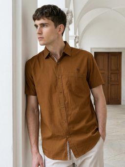 KUONS AVENUE - Men Brown Solid Linen Cotton Casual Shirt