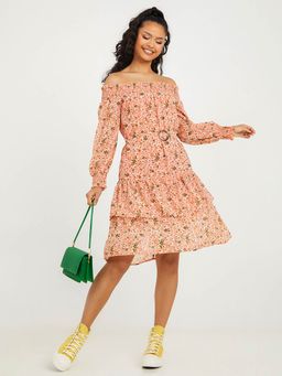 Styli - Peach Off Shoulder Ditsy Print Layered Knee Length Dress (Set of 2)