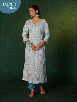 Likha - Blue Jaipuri Printed Naira Cut Kurta with Pant LIKSKD140 (Set of 2)