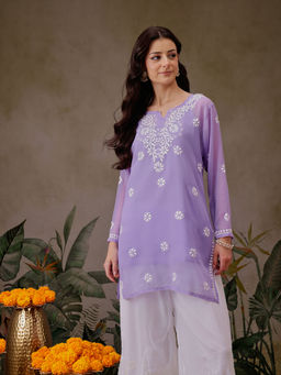 ADA - Hand Embroidered Floral Lucknowi Chikankari Purple Georgette Kurti With Slip (Set of 2)