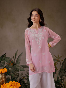 ADA - Hand Embroidered Floral Lucknowi Chikankari Pink Georgette Kurti With Slip (Set of 2)