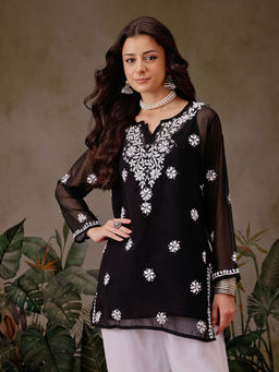 ADA - Hand Embroidered Black Georgette Lucknow Chikankari Kurti [A911355]