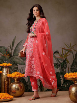 ADA - Hand Embroidered Carrot Pink Georgette Lucknowi Chikankari Parsi Work Dress Material (Set of 3)