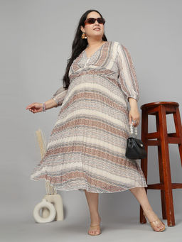 KASSUALLY - Women Beige Long Sleeves V-Neck Abstract Printed Dress