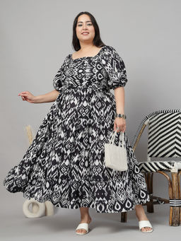 KASSUALLY - Women Black Short Sleeves Square Neck Printed Dress
