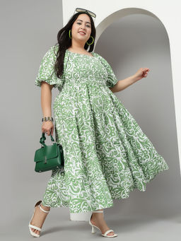 KASSUALLY - Women Green Short Sleeves Square Neck Printed Dress
