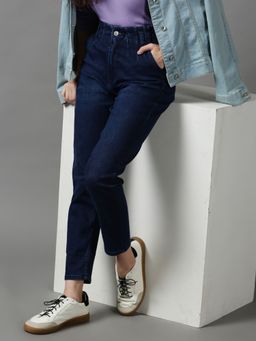 SHOWOFF - Womens Clean Look Boyfriend Fit Navy Blue Denim Jeans