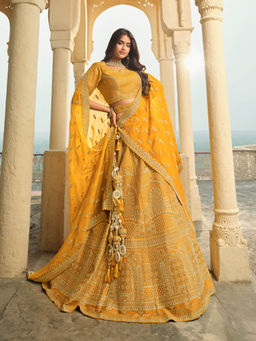 INDDUS - Zari Motifs and Sequinned Embroidered Semi Stitched Lehenga with Blouse and Dupatta
