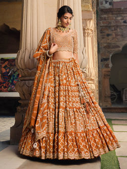 INDDUS - Zari Motifs and Sequinned Embroidered Semi Stitched Lehenga with Blouse and Dupatta