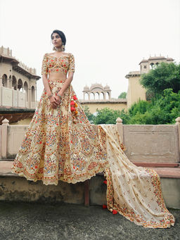 INDDUS - Floral Zari Semi Stitched Lehenga with Blouse and Dupatta