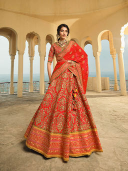 INDDUS - Floral Thread and Sequinned Embroidered Semi Stitched Lehenga with Blouse and Dupatta