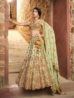 INDDUS - Floral Thread and Mirror Work Semi Stitched Lehenga with Blouse Piece and Dupatta