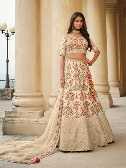 INDDUS - Floral Thread Embroidered Semi Stitched Lehenga and Blouse and Dupatta