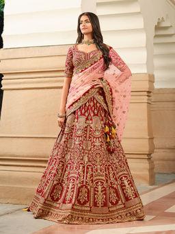 INDDUS - Floral Thread and Sequinned Embroidered Semi Stitched Lehenga with Blouse and Dupatta