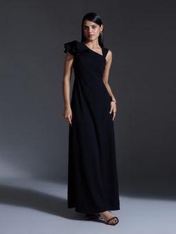 Twenty Dresses by Nykaa Fashion - Black Solid Asymmetric Neck Ruffled Gown (2XL)