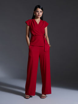 Twenty Dresses by Nykaa Fashion - Red Solid Cap Sleeves Top High Waist Pants Co Ord (Set of 2)