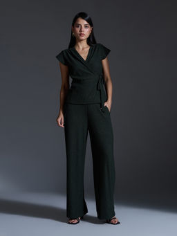 Twenty Dresses by Nykaa Fashion - Olive Green Cap Sleeves Top High Waist Pants Co Ord (Set of 2)