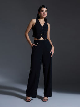Twenty Dresses by Nykaa Fashion - Black Solid V Neck Top High Waist Pants Co Ord (Set of 2)