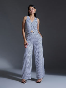 Twenty Dresses by Nykaa Fashion - White Striped V Neck Top Straight Pants Co Ord (Set of 2)