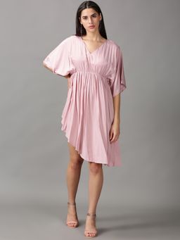 SHOWOFF - Womens V-Neck Knee Length Pink Solid Dress