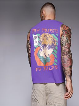 RIGO - Men Purple Terry Oversized Printed Vest T-Shirts