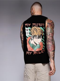 RIGO - Men Black Terry Oversized Printed Vest T-Shirts