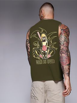 RIGO - Men Army Green Terry Oversized Printed Vest T-Shirts