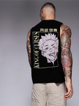 RIGO - Men Black Terry Oversized Printed Vest T-Shirts