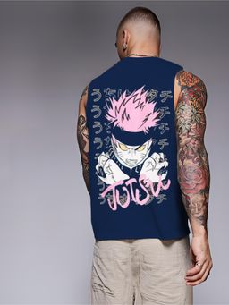 RIGO - Men Navy Terry Oversized Printed Vest T-Shirts