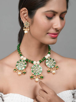 Silvermerc Designs - Green Meenakari Pearl Beads Rajasthani Necklace and Earrings (Set of 2)