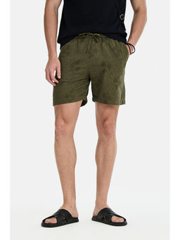 Snitch - Men Olive Self Design Cotton Shorts
