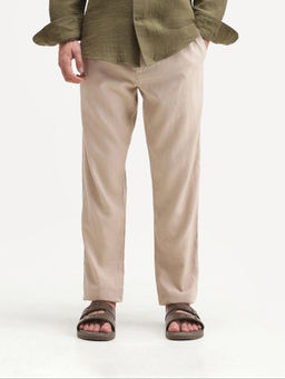 Rare Rabbit - Men Beige Solid/Plain Linen Blend Trouser