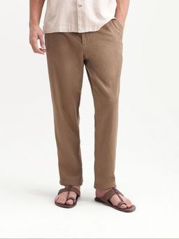 Rare Rabbit - Men Brown Solid/Plain Linen Blend Trouser