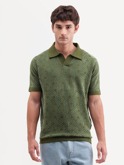 Rare Rabbit - Men Olive Self Design Cotton Blend Polo T-Shirt