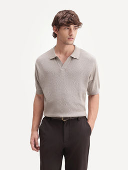 Rare Rabbit - Men Beige Textured Cotton Polo T-Shirt