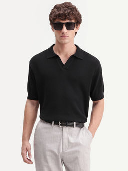 Rare Rabbit - Men Black Textured Cotton Polo T-Shirt