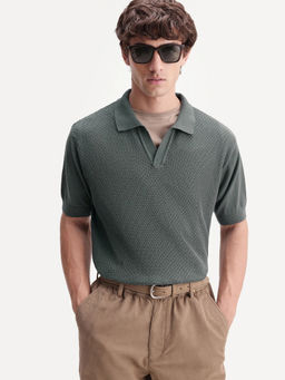 Rare Rabbit - Men Green Textured Cotton Polo T-Shirt