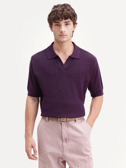 Rare Rabbit - Men Purple Textured Cotton Polo T-Shirt
