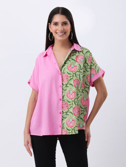 Qurvii - Pink Color-Block Printed Rayon Drop Shoulder Shirt