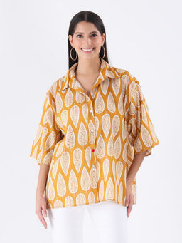 Qurvii - Mustard Printed Oversized Shirt