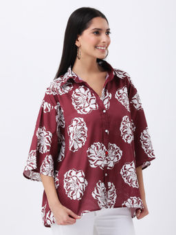 Qurvii - Maroon Floral Print Oversized Shirt